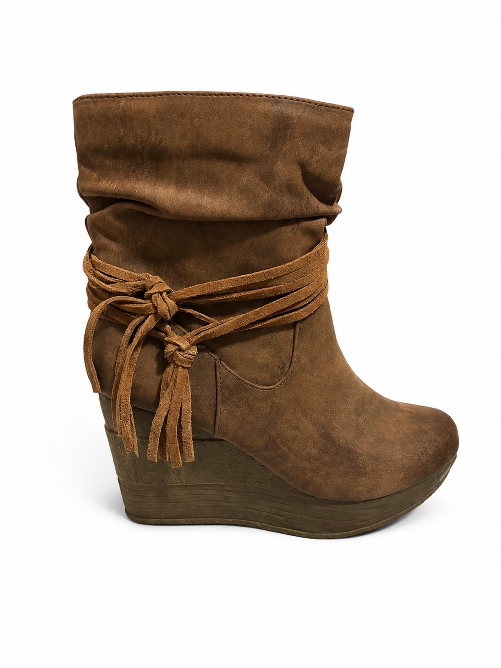 NWOT Sbicca Brown Suede  Wedge Boots with Tassel Wrap